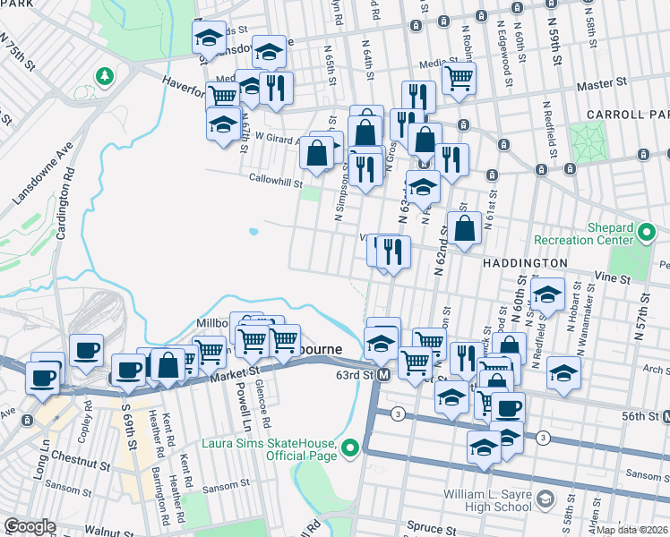 map of restaurants, bars, coffee shops, grocery stores, and more near 6421 Race Street in Philadelphia