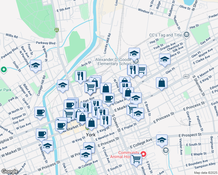map of restaurants, bars, coffee shops, grocery stores, and more near 225 Walnut Street in York