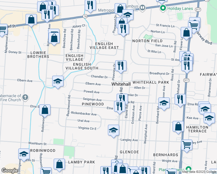 map of restaurants, bars, coffee shops, grocery stores, and more near 397 Pineview Drive in Columbus