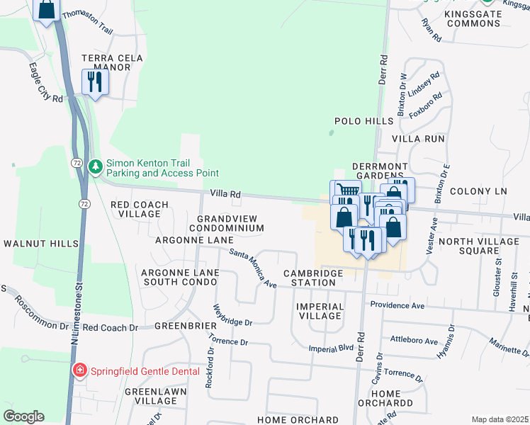 map of restaurants, bars, coffee shops, grocery stores, and more near 643 Villa Road in Springfield