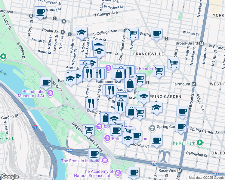 map of restaurants, bars, coffee shops, grocery stores, and more near 2038 Wallace Street in Philadelphia