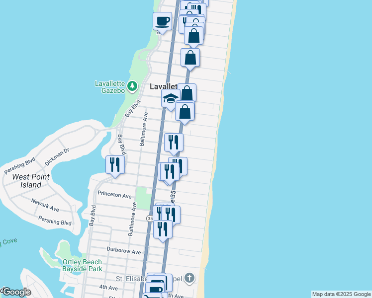map of restaurants, bars, coffee shops, grocery stores, and more near 17 Pennsylvania Avenue in Lavallette