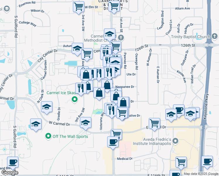 map of restaurants, bars, coffee shops, grocery stores, and more near 998 South Rangeline Road in Carmel