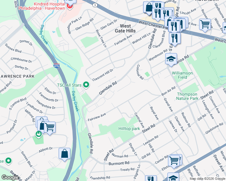 map of restaurants, bars, coffee shops, grocery stores, and more near 400 Glendale Road in Havertown