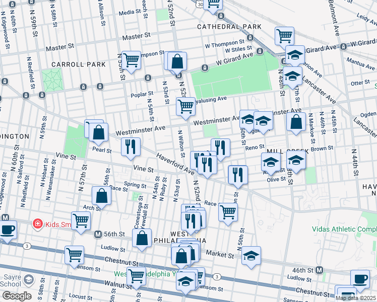 map of restaurants, bars, coffee shops, grocery stores, and more near 342 N 52nd St in Philadelphia