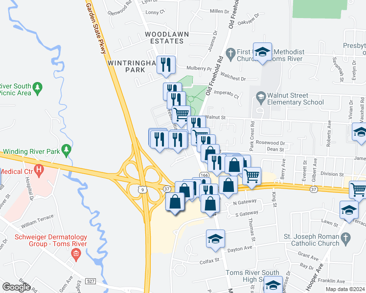 map of restaurants, bars, coffee shops, grocery stores, and more near 950 Presidential Avenue in Toms River