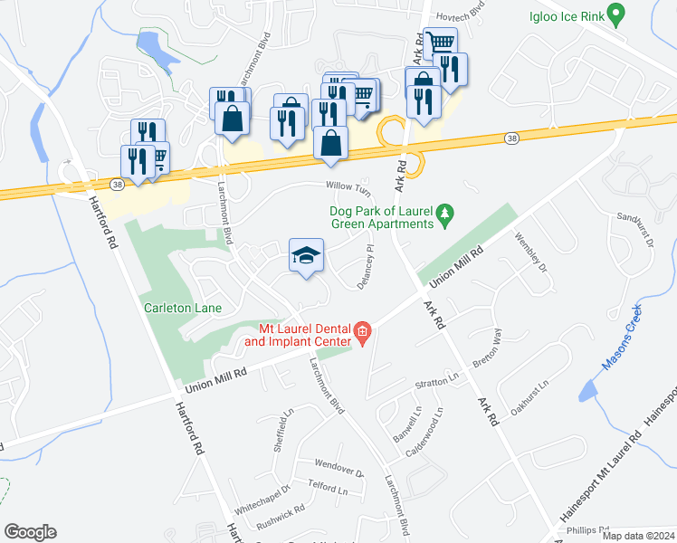 map of restaurants, bars, coffee shops, grocery stores, and more near 310 Mitten Lane in Mount Laurel