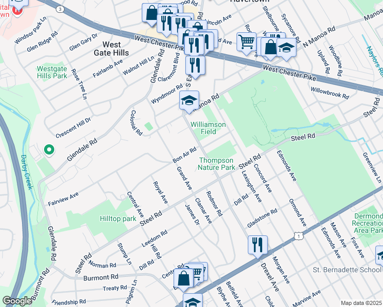 map of restaurants, bars, coffee shops, grocery stores, and more near 1123 Bon Air Road in Havertown