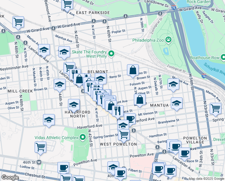 map of restaurants, bars, coffee shops, grocery stores, and more near 4028 Aspen Street in Philadelphia