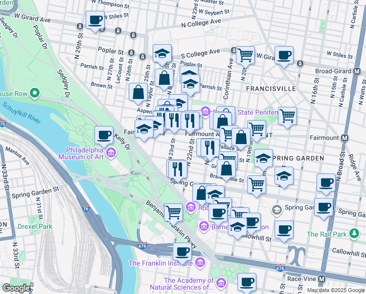 map of restaurants, bars, coffee shops, grocery stores, and more near 2205 Mount Vernon Street in Philadelphia