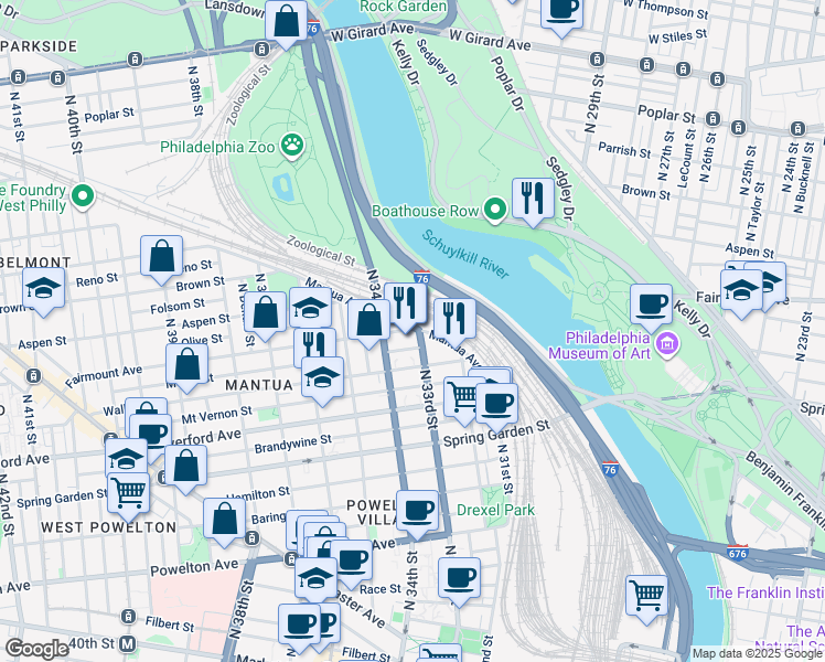 map of restaurants, bars, coffee shops, grocery stores, and more near 3320 Mantua Avenue in Philadelphia