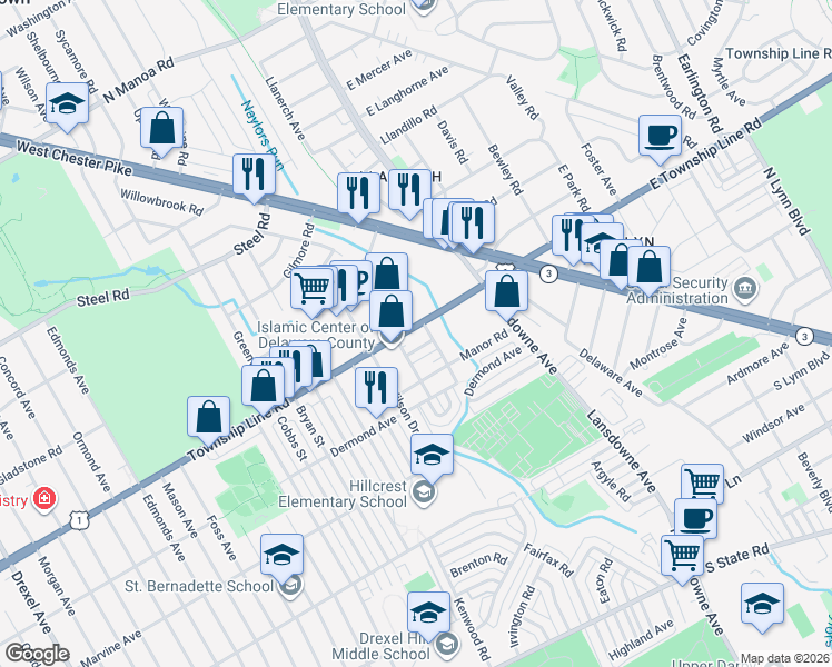 map of restaurants, bars, coffee shops, grocery stores, and more near 2413 David Drive in Havertown