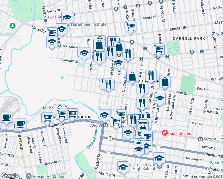 map of restaurants, bars, coffee shops, grocery stores, and more near 219 North 63rd Street in Philadelphia