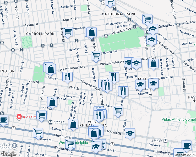 map of restaurants, bars, coffee shops, grocery stores, and more near 342 N 52nd St in Philadelphia