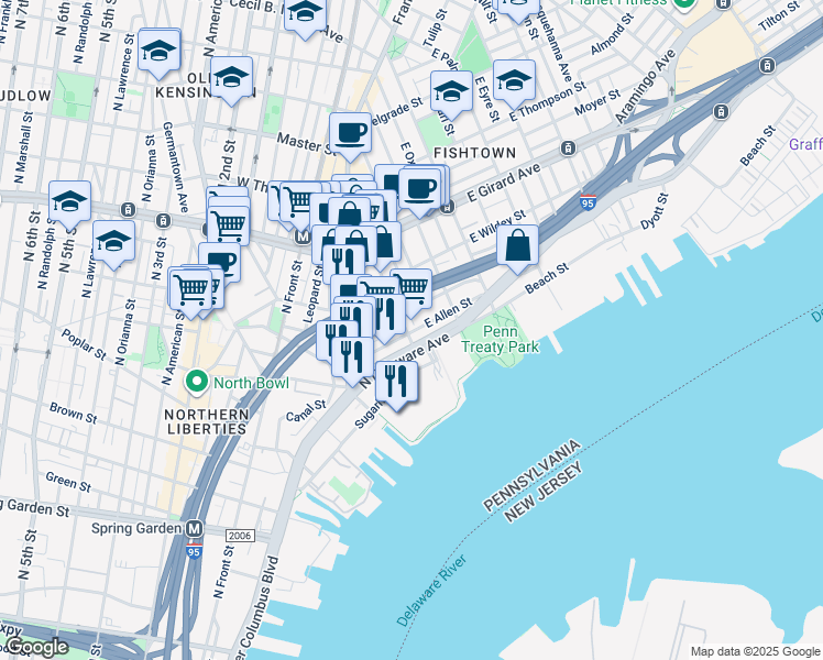 map of restaurants, bars, coffee shops, grocery stores, and more near 955 Shackamaxon Street in Philadelphia