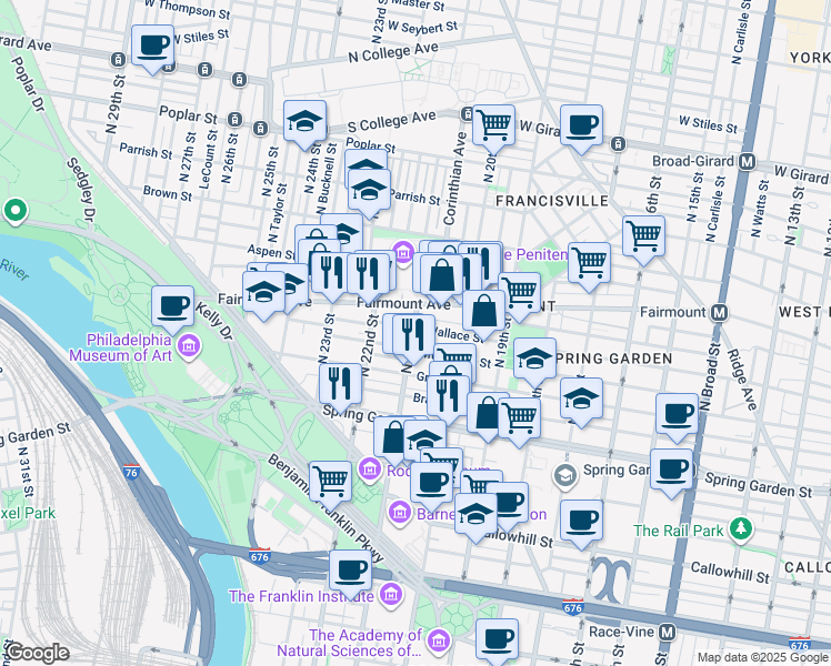 map of restaurants, bars, coffee shops, grocery stores, and more near 2042 Wallace Street in Philadelphia