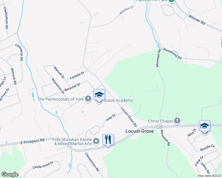 map of restaurants, bars, coffee shops, grocery stores, and more near 961 Locust Grove Road in York