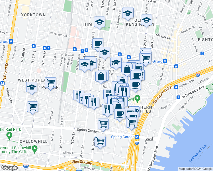 map of restaurants, bars, coffee shops, grocery stores, and more near 910 North Lawrence Street in Philadelphia