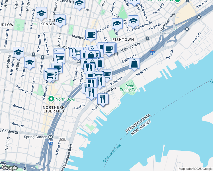 map of restaurants, bars, coffee shops, grocery stores, and more near 957 Shackamaxon Street in Philadelphia
