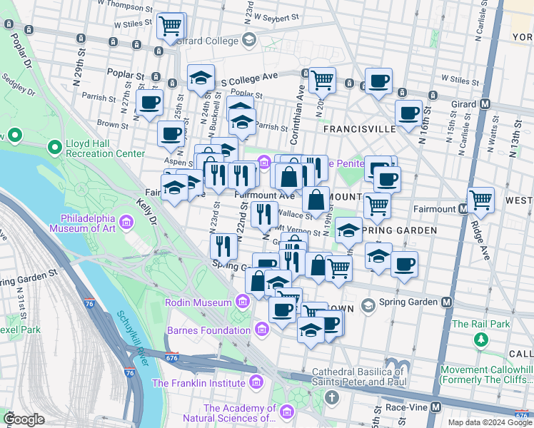 map of restaurants, bars, coffee shops, grocery stores, and more near 610 North 21st Street in Philadelphia