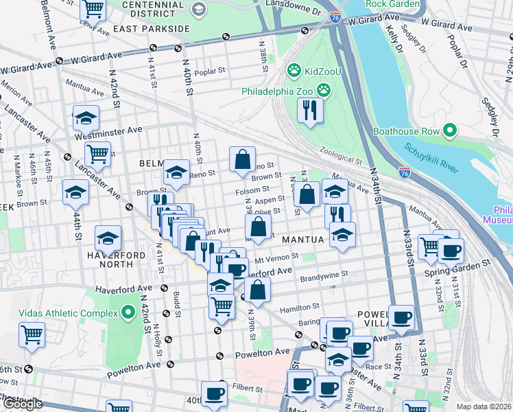 map of restaurants, bars, coffee shops, grocery stores, and more near 3860 Olive Street in Philadelphia