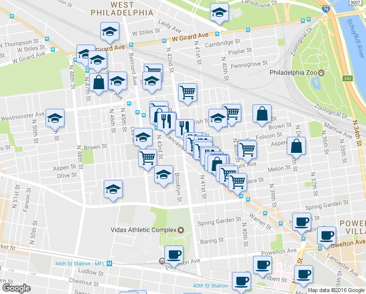 map of restaurants, bars, coffee shops, grocery stores, and more near N 42nd St in Philadelphia