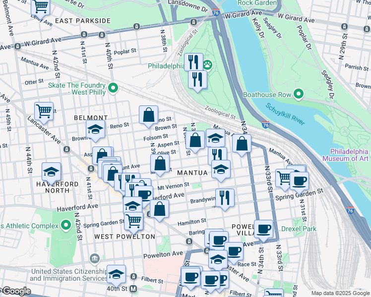map of restaurants, bars, coffee shops, grocery stores, and more near 726 North Dekalb Street in Philadelphia