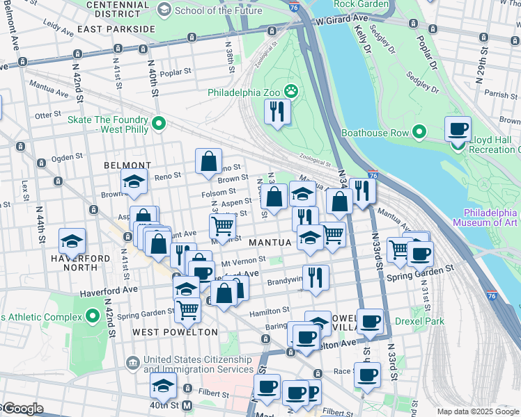 map of restaurants, bars, coffee shops, grocery stores, and more near 726 North Dekalb Street in Philadelphia