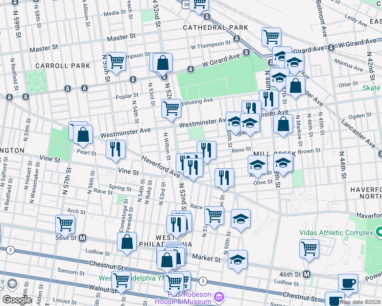 map of restaurants, bars, coffee shops, grocery stores, and more near 5137 Funston Street in Philadelphia