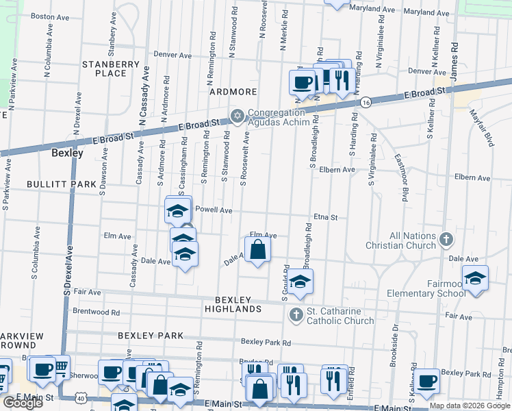 map of restaurants, bars, coffee shops, grocery stores, and more near 2778 Powell Avenue in Columbus