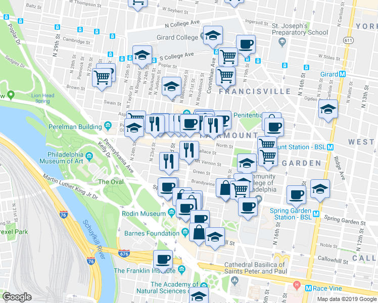 map of restaurants, bars, coffee shops, grocery stores, and more near 610 North 21st Street in Philadelphia