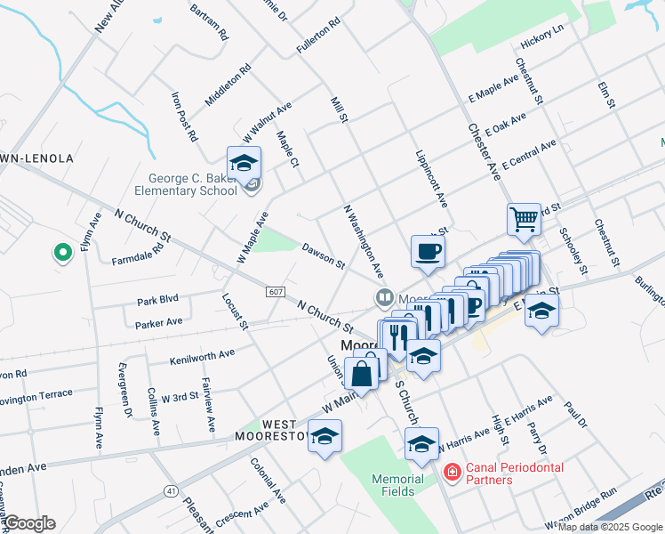 map of restaurants, bars, coffee shops, grocery stores, and more near 405 Dawson Street in Moorestown