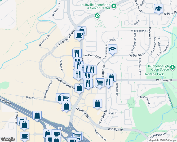 map of restaurants, bars, coffee shops, grocery stores, and more near 282 McCaslin Boulevard in Louisville