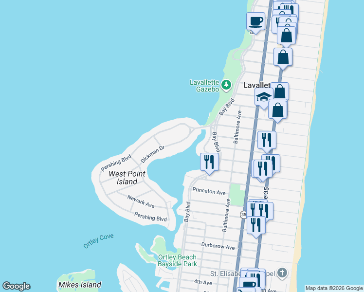 map of restaurants, bars, coffee shops, grocery stores, and more near 20 Dickman Drive in Lavallette