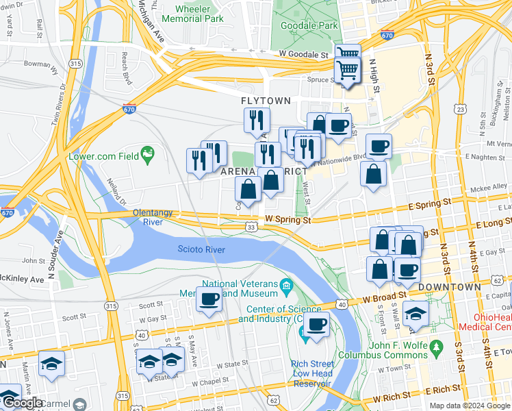 map of restaurants, bars, coffee shops, grocery stores, and more near 300 West Spring Street in Columbus