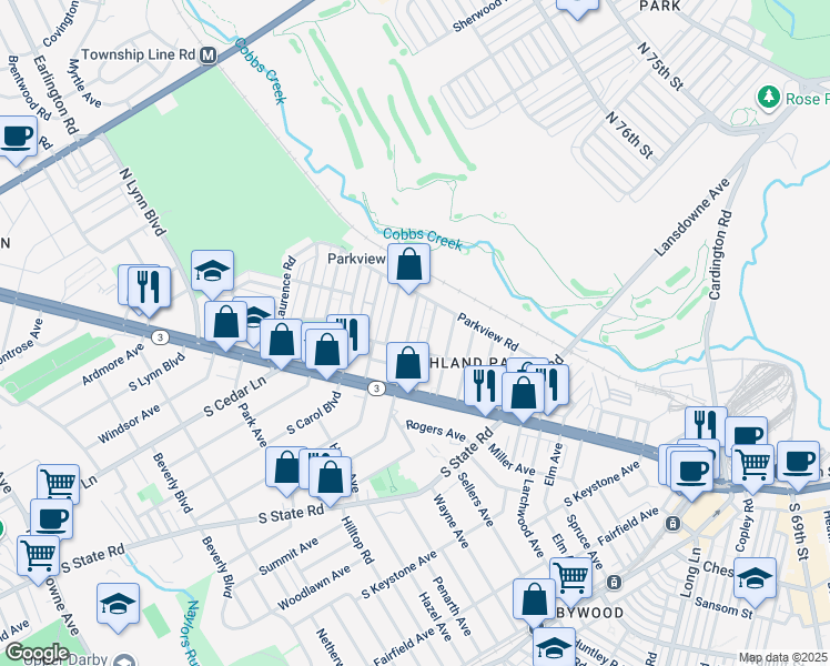 map of restaurants, bars, coffee shops, grocery stores, and more near 113 North Pennock Avenue in Upper Darby
