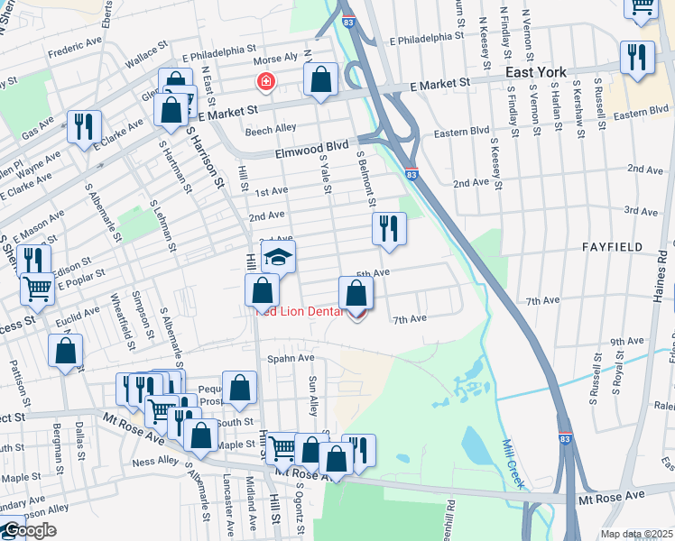 map of restaurants, bars, coffee shops, grocery stores, and more near 1550 5th Avenue in York