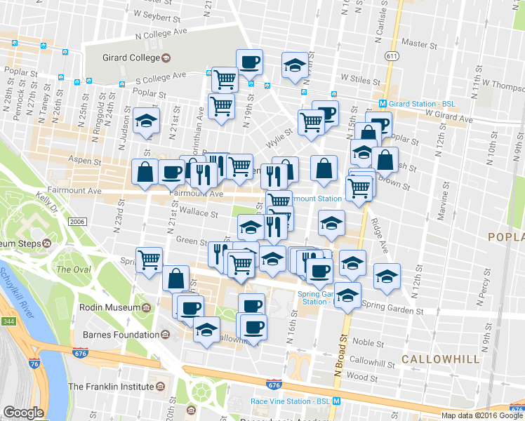 map of restaurants, bars, coffee shops, grocery stores, and more near 623 North 18th Street in Philadelphia