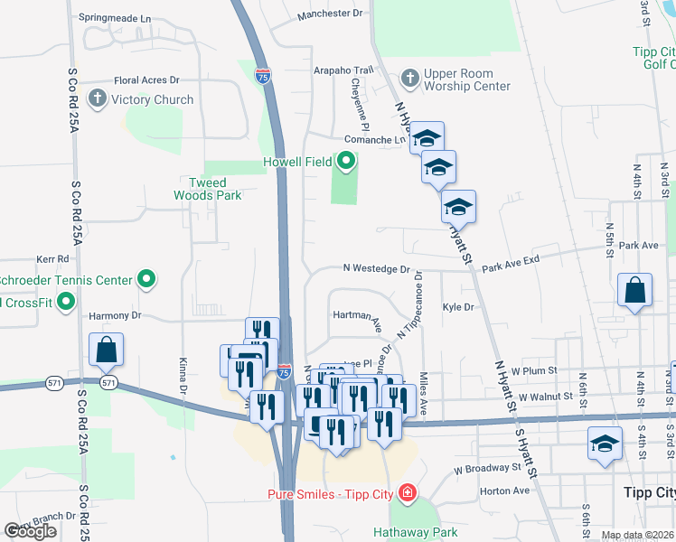 map of restaurants, bars, coffee shops, grocery stores, and more near 412 Miles Avenue in Tipp City
