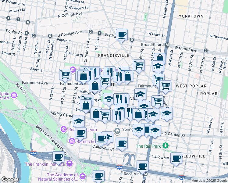 map of restaurants, bars, coffee shops, grocery stores, and more near 623 North 18th Street in Philadelphia