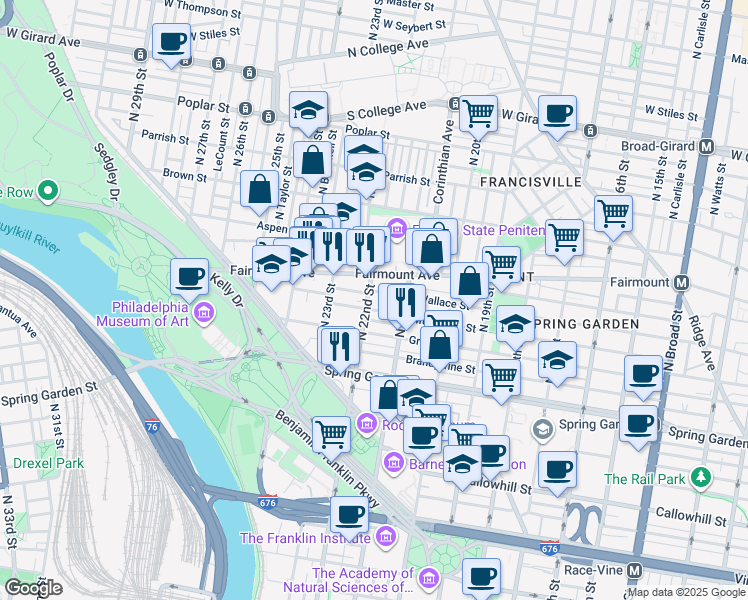 map of restaurants, bars, coffee shops, grocery stores, and more near 635 North 22nd Street in Philadelphia