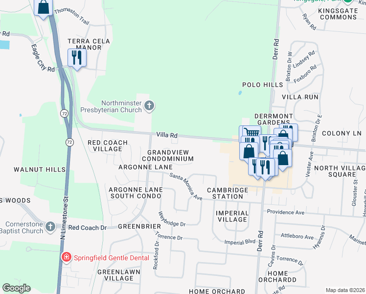 map of restaurants, bars, coffee shops, grocery stores, and more near 722 Grandview Drive in Springfield