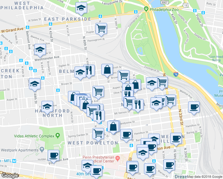 map of restaurants, bars, coffee shops, grocery stores, and more near 735 North 39th Street in Philadelphia