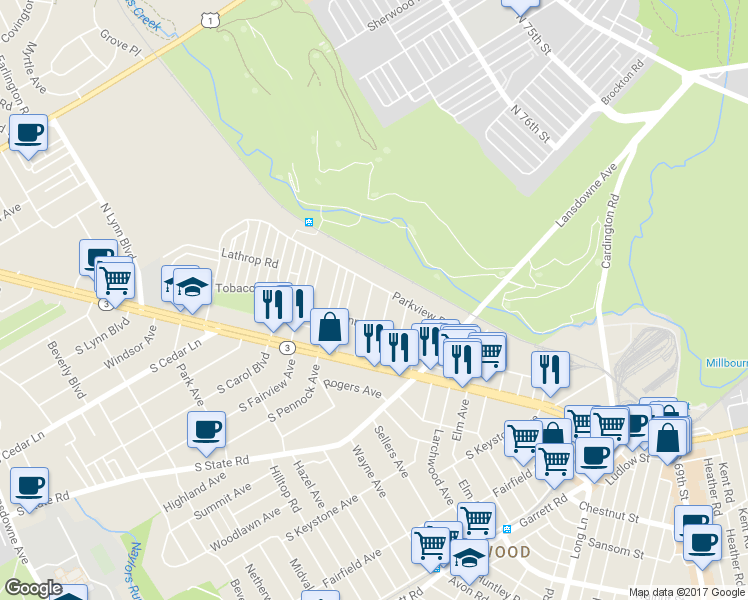 map of restaurants, bars, coffee shops, grocery stores, and more near 115 Englewood Road in Upper Darby