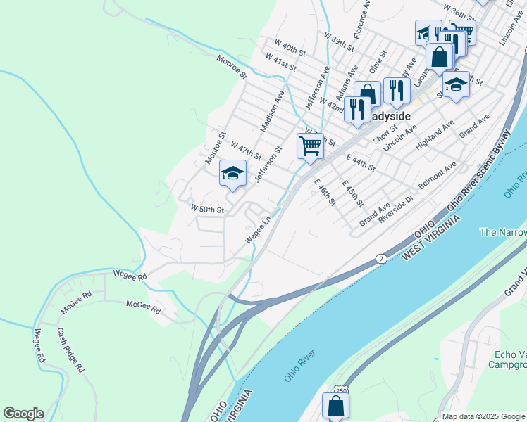 map of restaurants, bars, coffee shops, grocery stores, and more near 98 Wegee Ln in Shadyside