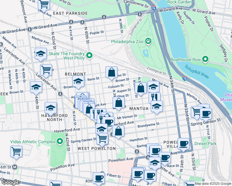 map of restaurants, bars, coffee shops, grocery stores, and more near 735 North 39th Street in Philadelphia