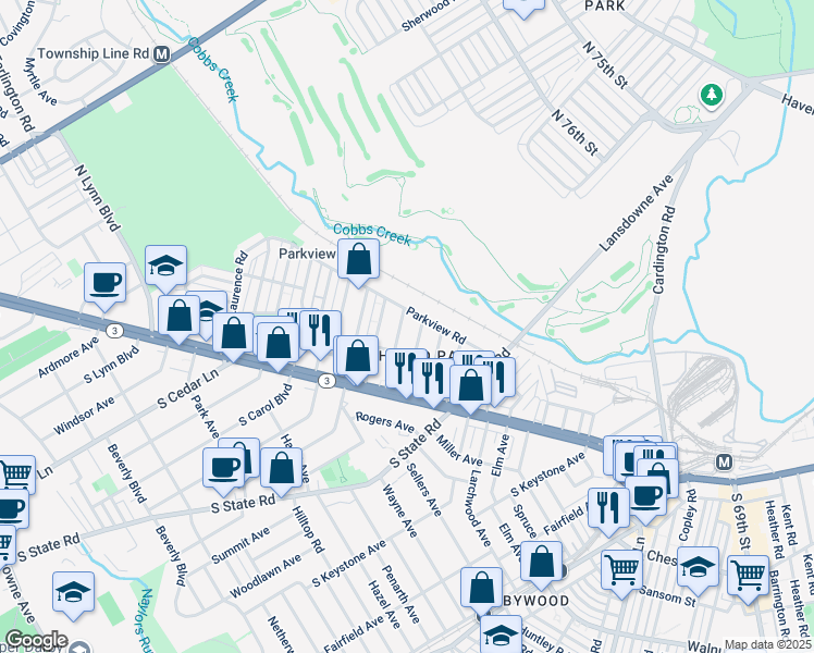 map of restaurants, bars, coffee shops, grocery stores, and more near 115 Englewood Road in Upper Darby