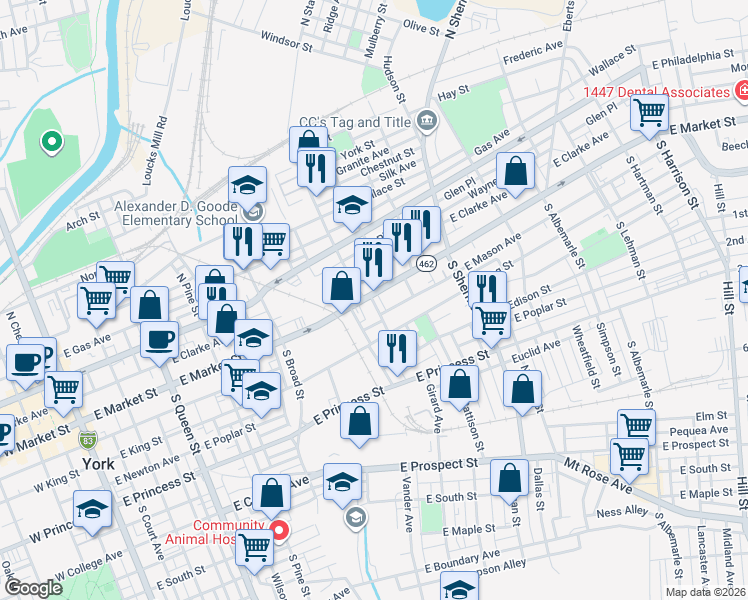 map of restaurants, bars, coffee shops, grocery stores, and more near 600 East Mason Avenue in York