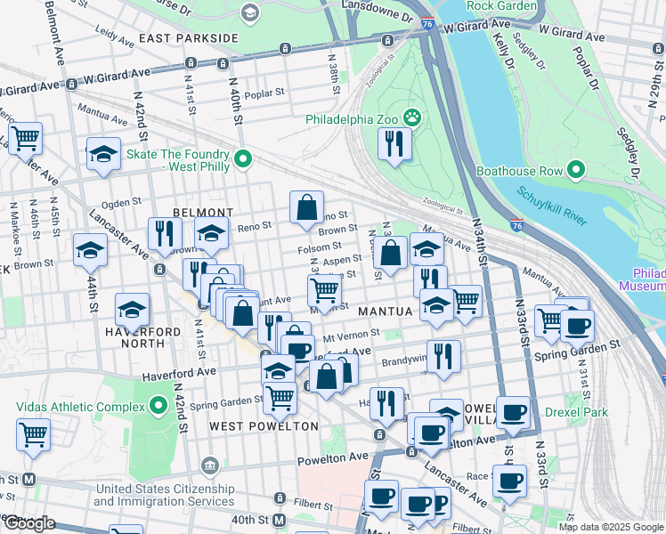 map of restaurants, bars, coffee shops, grocery stores, and more near 3848 Aspen Street in Philadelphia