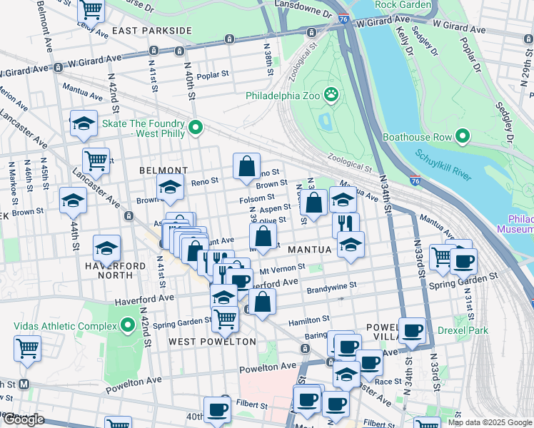 map of restaurants, bars, coffee shops, grocery stores, and more near 3848 Aspen Street in Philadelphia